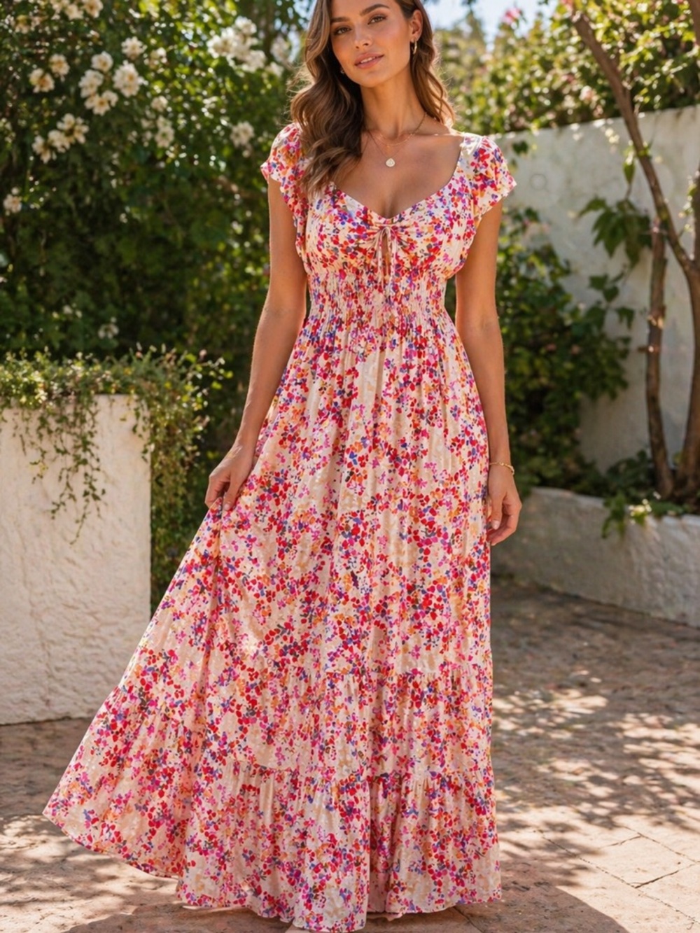 Lovestitch Blush Multi Floral Maxi Dress Smocked Waist Tie Front Boho Summer